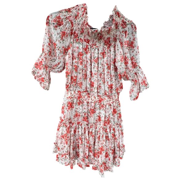 MISA Darla Dress Small Red Floral Ruffle Mini Off Shoulder Poppy Floral - Picture 9 of 11